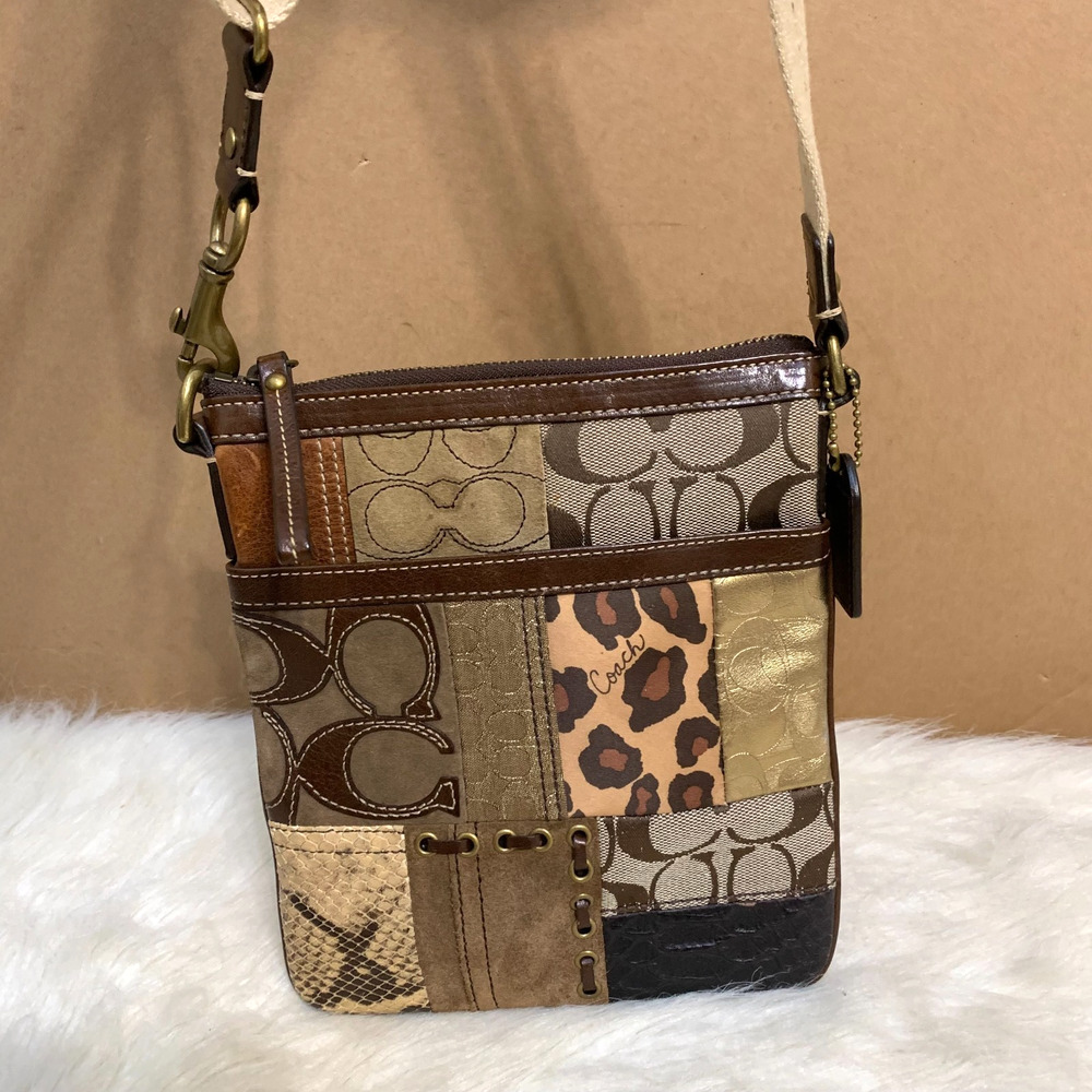 COACH Gallery Patchwork Multi-Texture Swing Pack Crossbody #40916 Brown Gold Tan - Picture 2 of 15